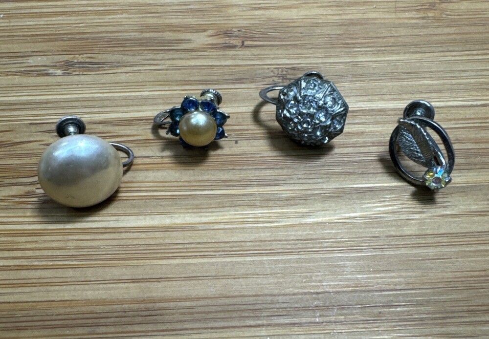 Vintage Sterling Silver Single Earrings Lot of 4 Screw Back Pearl Rhinestone